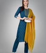 Women embroidered cotton blend blue kurta pant dupatta set