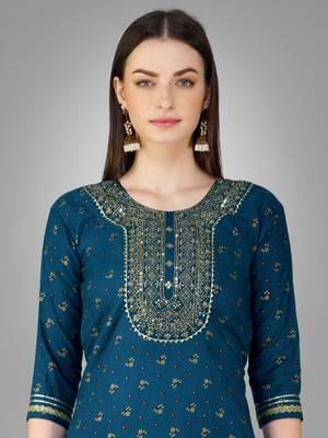Women embroidered cotton blend blue kurta pant dupatta set 3