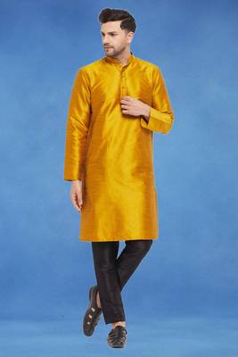 Plain art silk kurta yellow with churidar traditional look 1