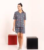 Prussian blue  shirt collared top  paired with shorts