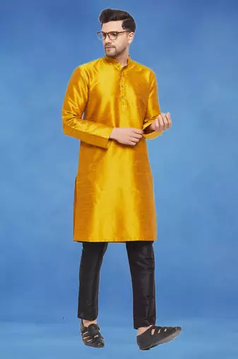 Plain art silk kurta yellow with churidar traditional look