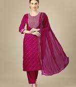 Women embroidered silk blend golden kurta pant dupatta set