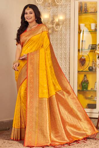 Sangam prints yellow banarasi silk woven work traditional tassels saree