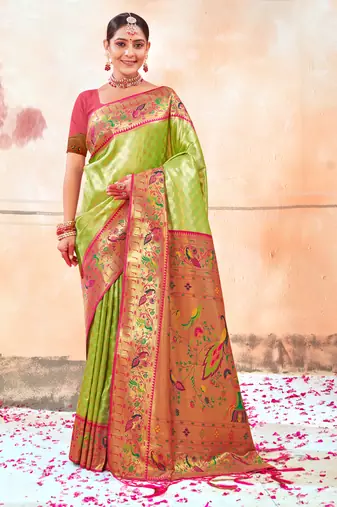 Sangam Prints Parrot Green Paithani Silk Woven Work Traditional Tassels Saree