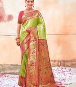 Sangam Prints Parrot Green Paithani Silk Woven Work Traditional Tassels Saree