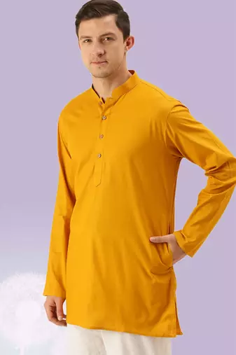 Yellow plain cotton short kurta with churidar traditional look