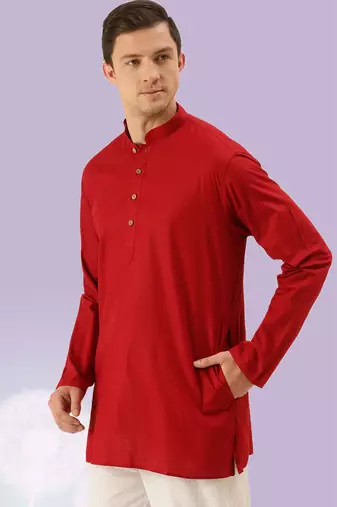 Red plain cotton short kurta traditional look