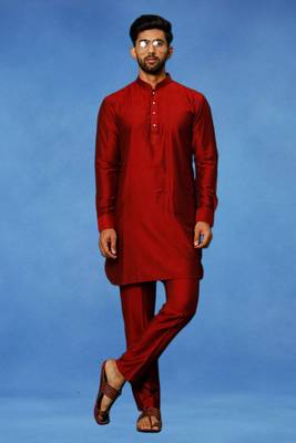 Maroon plain art silk kurta pajama with churidar traditional look 1