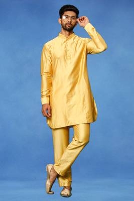 Gold plain art silk kurta pajama with churidar traditional look 1