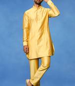 Gold plain art silk kurta pajama with churidar traditional look