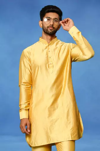 Gold plain art silk kurta pajama with churidar traditional look