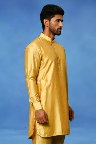 Gold plain art silk kurta pajama with churidar traditional look