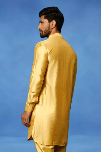 Gold plain art silk kurta pajama with churidar traditional look