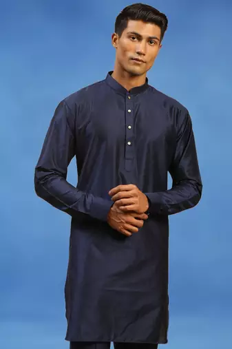 Blue plain art silk kurta pajama with churidar traditional look