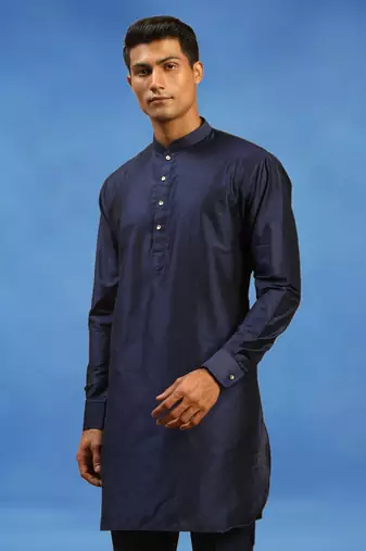 Blue plain art silk kurta pajama with churidar traditional look