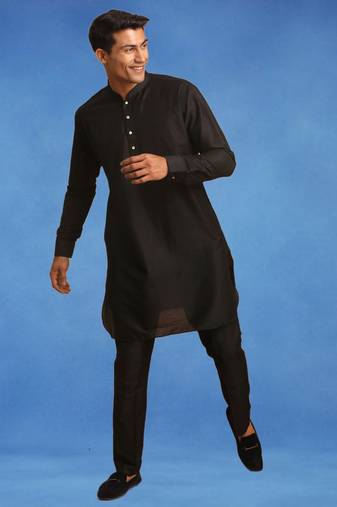 Black plain art silk kurta pajama with churidar traditional look