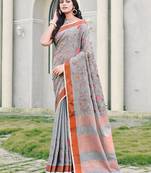 Sangam Prints Grey Linen Woven Work Traditional Tassels Saree