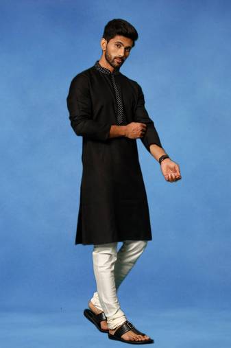 Black embroidered cotton kurta pajama with churidar traditional look