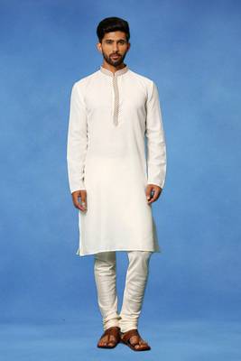 White embroidered cotton kurta pajama with churidar traditional look 1