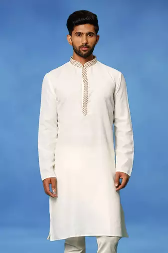 White embroidered cotton kurta pajama with churidar traditional look