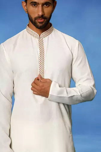 White embroidered cotton kurta pajama with churidar traditional look