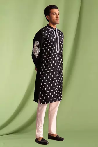 Black embroidered art silk kurta pajama with churidar traditional look