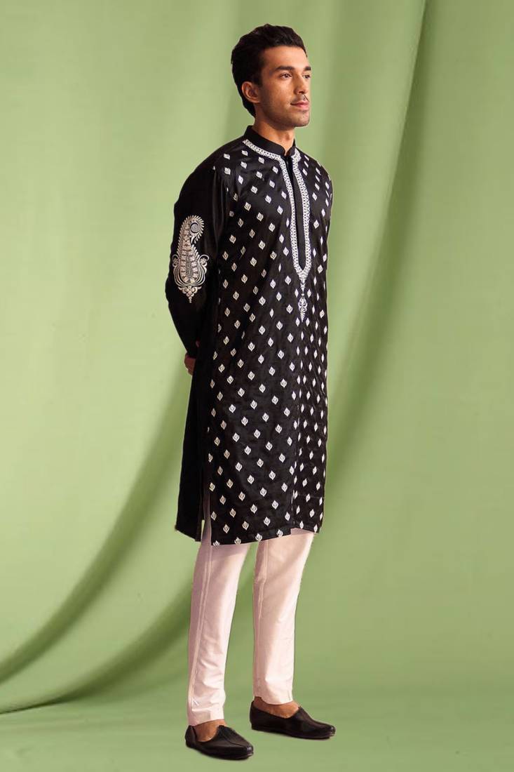 Black embroidered art silk kurta pajama with churidar traditional look