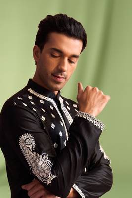 Black embroidered art silk kurta pajama with churidar traditional look 2