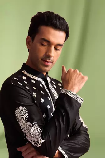Black embroidered art silk kurta pajama with churidar traditional look