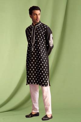 Black embroidered art silk kurta pajama with churidar traditional look 4