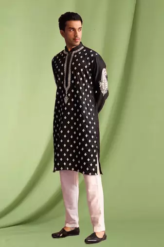 Black embroidered art silk kurta pajama with churidar traditional look