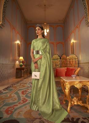 Olive Nyloan Satin Woven Designer Saree With Blouse For Women  1