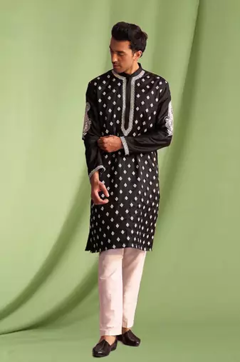 Black embroidered art silk kurta pajama with churidar traditional look