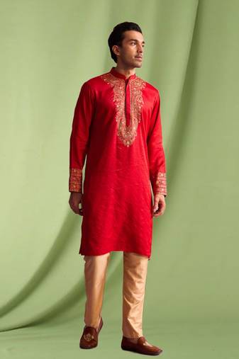 Red embroidered art silk kurta pajama with churidar traditional look