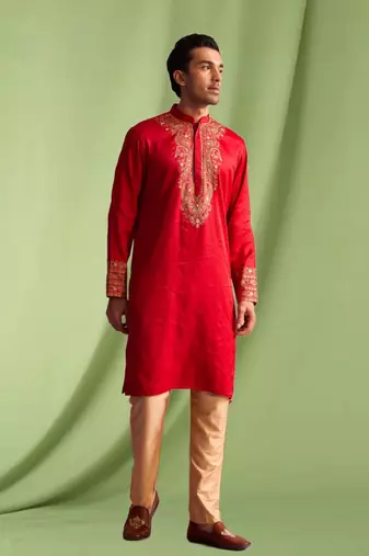 Red embroidered art silk kurta pajama with churidar traditional look