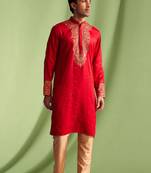 Red embroidered art silk kurta pajama with churidar traditional look