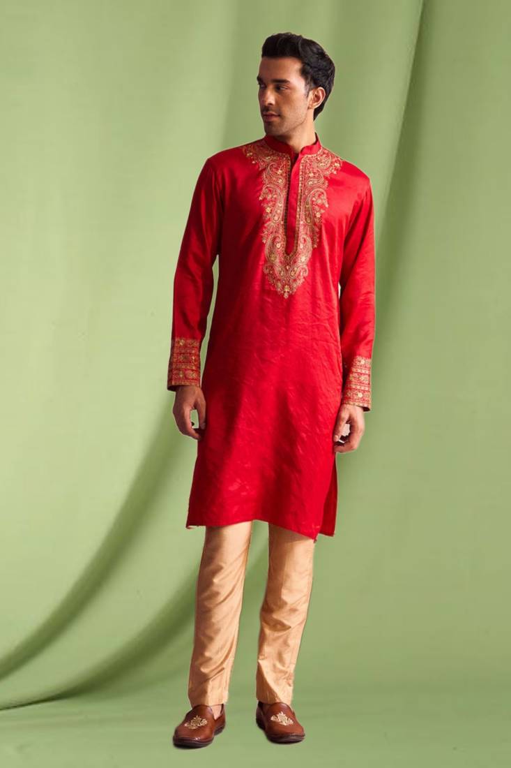 Red embroidered art silk kurta pajama with churidar traditional look