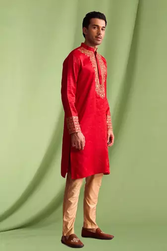 Red embroidered art silk kurta pajama with churidar traditional look