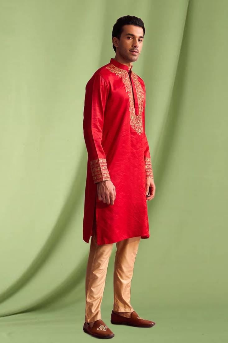 Red embroidered art silk kurta pajama with churidar traditional look