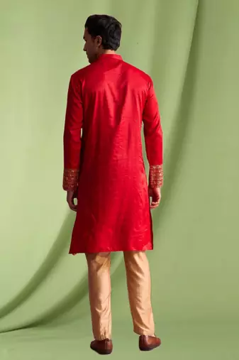 Red embroidered art silk kurta pajama with churidar traditional look
