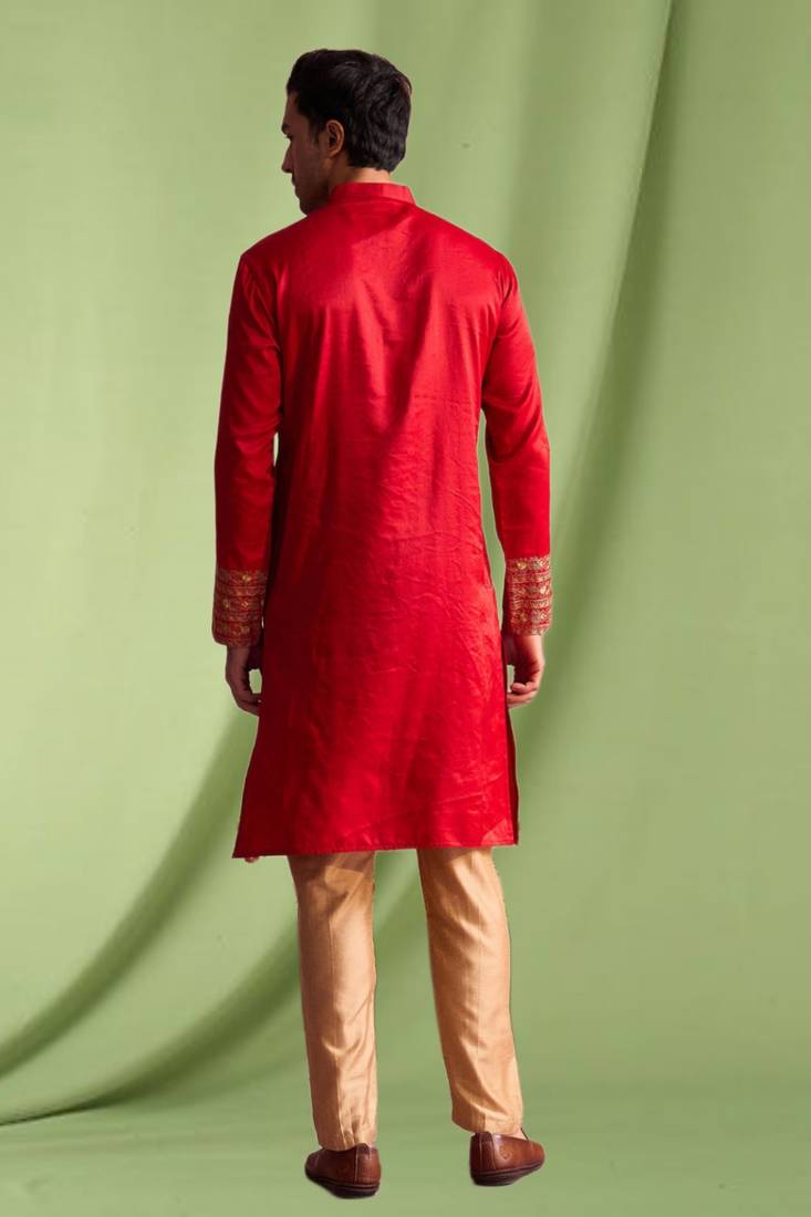 Red embroidered art silk kurta pajama with churidar traditional look