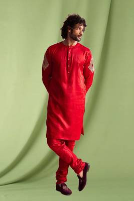 Red embroidered art silk kurta pajama with churidar traditional look 1