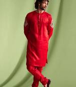 Red embroidered art silk kurta pajama with churidar traditional look
