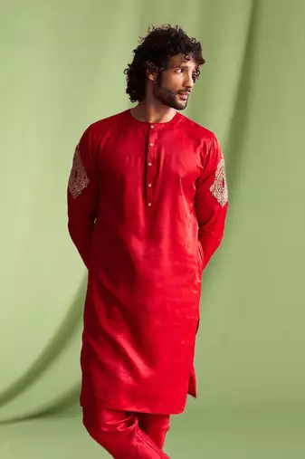 Red embroidered art silk kurta pajama with churidar traditional look