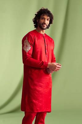 Red embroidered art silk kurta pajama with churidar traditional look 3
