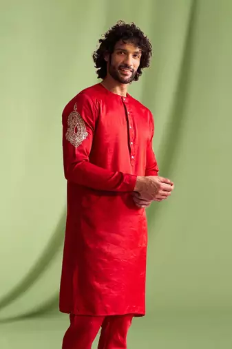 Red embroidered art silk kurta pajama with churidar traditional look