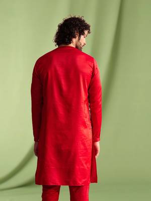 Red embroidered art silk kurta pajama with churidar traditional look 4