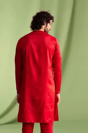 Red embroidered art silk kurta pajama with churidar traditional look