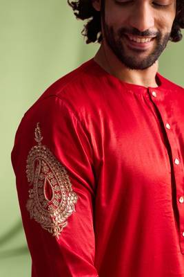 Red embroidered art silk kurta pajama with churidar traditional look 5