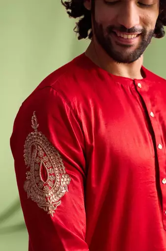 Red embroidered art silk kurta pajama with churidar traditional look